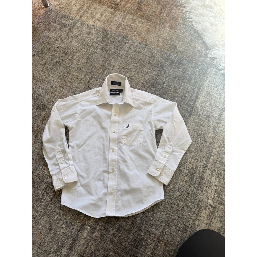 NAUTICA Poplin Boys Sz 8 White Button Down Collared Long Sleeve Shirt w Pocket